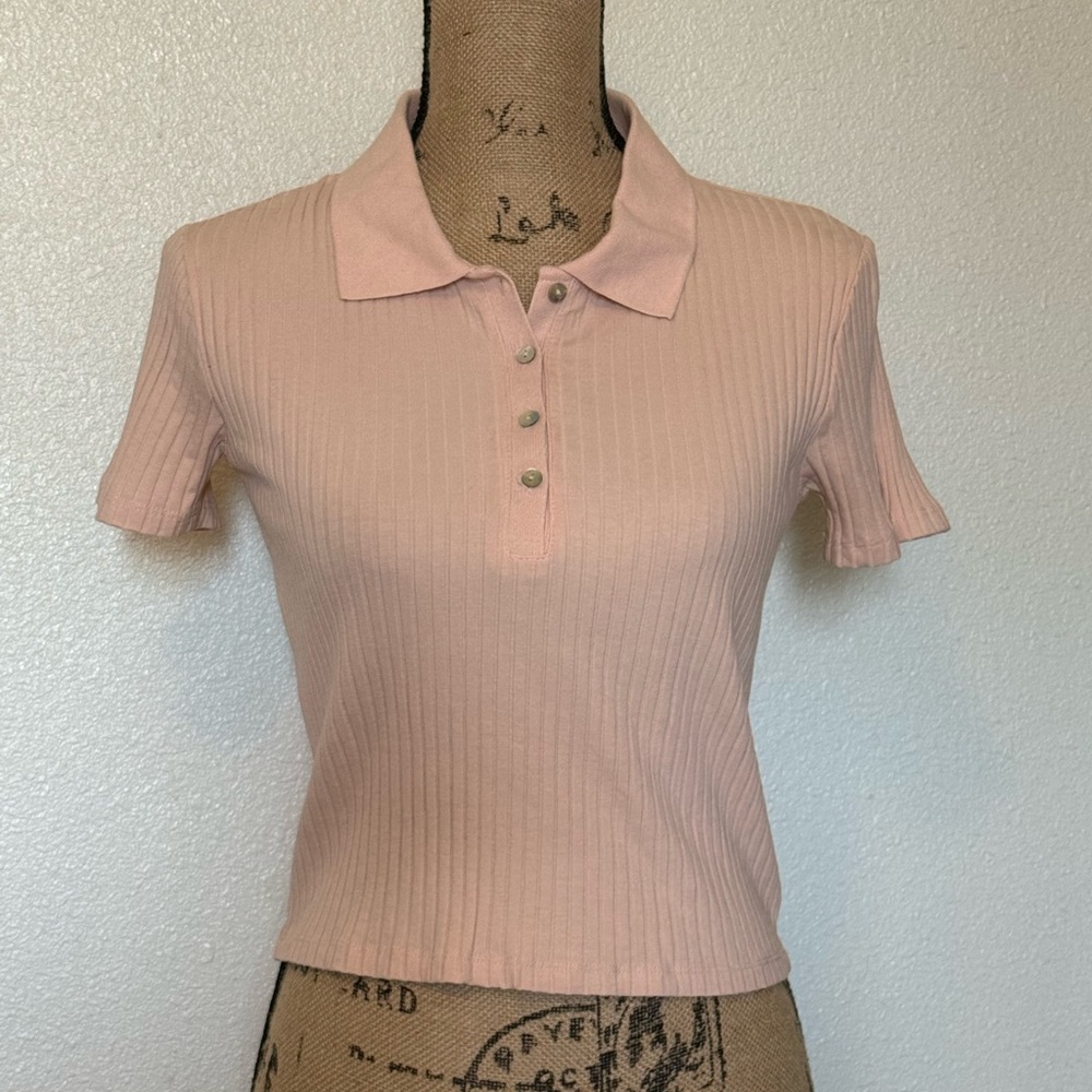 Zara Pink Ribbed Polo Collar Top